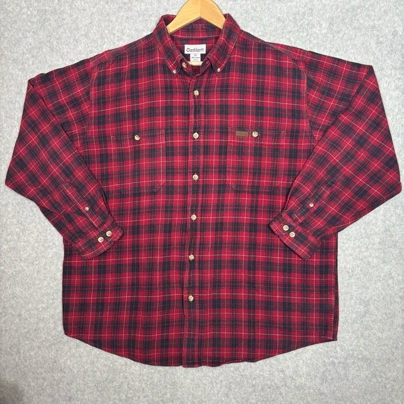 Carhartt Long Sleeve Button-Down Flannel Plaid Shirt-Red/Black-Men Size XL - Picture 2 of 6